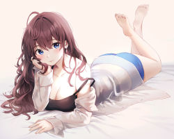 Rule 34 | 1girl, :3, ass, bare legs, bare shoulders, barefoot, black shirt, blue eyes, blue shorts, breasts, brown hair, camisole, cleavage, collarbone, head rest, ichinose shiki, idolmaster, idolmaster cinderella girls, legs up, long hair, looking at viewer, lying, medium breasts, midriff, off shoulder, on stomach, open clothes, open shirt, rangu, see-through, shirt, short shorts, shorts, sleeveless, sleeveless shirt, smile, solo, strap slip, the pose, wavy hair