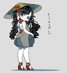 Rule 34 | 1girl, adapted costume, ajirogasa, backless dress, backless outfit, black hair, blunt bangs, breasts, chin strap, dress, earlobes, earrings, from behind, full body, grey dress, grey eyes, hat, high heels, jewelry, long earlobes, long hair, looking at viewer, looking back, no nose, no panties, red footwear, sandals, see-through, shadow, shoulder blades, small breasts, solo, standing, touhou, translation request, very long hair, yatadera narumi, yt (wai-tei)