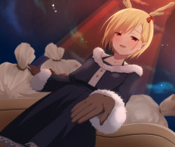 Rule 34 | 1girl, alternate costume, antlers, bag, black dress, blonde hair, blurry, blurry background, brown gloves, christmas, collarbone, commentary request, dragon horns, dress, dutch angle, feet out of frame, flat chest, fog, fur trim, gloves, hair between eyes, half-closed eyes, highres, horn ornament, horn ribbon, horns, kicchou yachie, looking at viewer, looking down, nnyara, red eyes, red ribbon, ribbon, short hair, sleigh, solo, standing, touhou