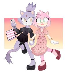 Rule 34 | 2girls, amy rose, animal ears, bag, black dress, black footwear, blaze the cat, blush, cat ears, cat girl, cat tail, cellphone, cherry print, dress, eyelashes, food print, forehead jewel, furry, furry female, gloves, green eyes, hairband, highres, holding hands, jewelry, kiironoinku, looking at viewer, multiple girls, necklace, open mouth, phone, pink dress, pink fur, ponytail, purple fur, red footwear, shopping bag, short dress, smartphone, sonic (series), sweatdrop, tail, yellow eyes
