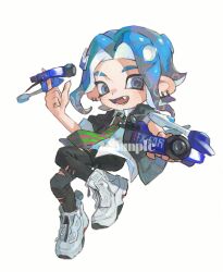 Rule 34 | 1boy, black pants, blue eyes, blue hair, commentary, dapple dualies (splatoon), dual wielding, ear piercing, eyebrow cut, fang, full body, green necktie, gun, high tops, highres, holding, holding gun, holding weapon, looking at viewer, miko (15476997), necktie, nintendo, octoling, octoling boy, octoling player character, open mouth, pants, piercing, pointy ears, shoes, short hair, simple background, smile, sneakers, solo, splatoon (series), splatoon 3, tentacle hair, torn clothes, torn pants, watermark, weapon, white background, white footwear
