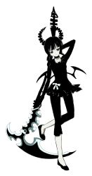 Rule 34 | 1girl, arm up, black hair, black rock shooter, black theme, choker, clothing request, collarbone, commentary, dead master, full body, furrowed brow, green eyes, highres, jitome, lam, looking ahead, looking down, over shoulder, scythe, simple background, solo, standing, standing on one leg, weapon, weapon over shoulder, white background
