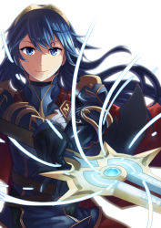 Rule 34 | 1girl, armor, blue eyes, blue hair, cape, fire emblem, fire emblem awakening, fire emblem heroes, highres, long hair, looking at viewer, lucina (brave princess) (fire emblem), lucina (fire emblem), nintendo, polearm, smile, solo, spear, sumire l.a., tiara, weapon