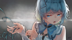 Rule 34 | 1girl, artist name, blue eyes, blue hair, blush, collarbone, detached sleeves, grey background, highres, looking at viewer, original, parted lips, saraki, scissors, short hair, signature, solo, upper body