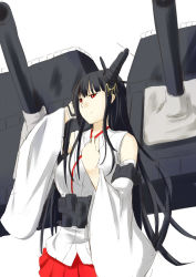 Rule 34 | 10s, 1girl, adjusting hair, bare shoulders, black hair, breasts, detached sleeves, fusou (kancolle), hair ornament, highres, japanese clothes, kantai collection, large breasts, long hair, niwatazumi, personification, red eyes