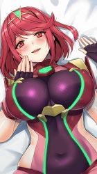 Rule 34 | 1girl, blush, breasts, fingerless gloves, gloves, large breasts, medium hair, pyra (xenoblade), red eyes, red hair, shirt, tight clothes, tight shirt, whoosaku, xenoblade chronicles (series), xenoblade chronicles 2