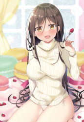 Rule 34 | 1girl, beige sweater, blurry, blurry background, blush, breasts, brown eyes, brown hair, curtains, food, fork, fruit, highres, holding, indoors, long hair, long sleeves, looking at viewer, macaron, medium breasts, mori airi, no pants, open mouth, original, panties, parted bangs, pink ribbon, ribbed sweater, ribbon, sitting, smile, solo, strawberry, sweater, turtleneck, turtleneck sweater, underwear, very long hair, wariza, white panties, window