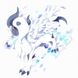 Rule 34 | absol, animal focus, claws, creatures (company), feathered wings, game freak, gen 3 pokemon, horns, kotori (lycka), long hair, mega absol, mega pokemon, nintendo, no humans, open mouth, pokemon, pokemon (creature), red eyes, solo, white hair, wings