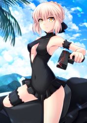 Rule 34 | arm garter, artoria pendragon (all), artoria pendragon (alter swimsuit rider) (first ascension) (fate), artoria pendragon (fate), black one-piece swimsuit, blonde hair, blue sky, breasts, bridal garter, cleavage cutout, clothing cutout, cloud, covered navel, cross (crossryou), day, fate/grand order, fate (series), frills, gun, halterneck, holding, holding gun, holding weapon, looking at viewer, medium breasts, motor vehicle, motorcycle, mountainous horizon, one-piece swimsuit, outdoors, saber alter, short hair, sitting, sky, swimsuit, swimsuit skirt, tree, weapon, yellow eyes