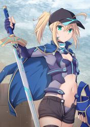 Rule 34 | 1girl, ahoge, artoria pendragon (fate), baseball cap, black hat, black shorts, blonde hair, blue jacket, blue scarf, cowboy shot, cross (crossryou), excalibur (fate/stay night), fate/grand order, fate (series), green eyes, hair through headwear, hat, highres, himitsucalibur (fate), holding, holding sword, holding weapon, jacket, jacket on shoulders, mysterious heroine x (fate), mysterious heroine x (third ascension) (fate), open clothes, open shorts, ponytail, scarf, short ponytail, shorts, solo, sword, track jacket, weapon