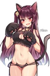 Rule 34 | 1girl, :d, animal ears, animal hands, bell, black panties, blush, bra, breasts, cameltoe, cat cutout, cat ear panties, cat ears, cat hair ornament, cat lingerie, cat tail, choker, cleavage, cleavage cutout, clothing cutout, cowboy shot, embarrassed, fang, frilled bra, frills, frown, girls&#039; frontline, gloves, groin, hair ornament, hair ribbon, highres, jingle bell, kemonomimi mode, large breasts, lingerie, long hair, looking at viewer, maett, meme attire, navel, one side up, open mouth, panties, paw gloves, purple hair, red eyes, ribbon, side-tie panties, sidelocks, simple background, skin fang, smile, solo, standing, stomach, sweat, tail, thighs, underwear, underwear only, very long hair, wa2000 (girls&#039; frontline), white background