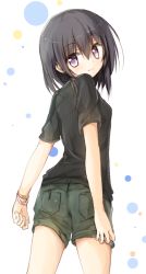 Rule 34 | 1girl, black hair, black shirt, blush, bracelet, breasts, closed mouth, from behind, green shorts, hair between eyes, head tilt, jewelry, looking at viewer, looking back, multicolored polka dots, original, pocket, polka dot, purple eyes, shirt, short sleeves, shorts, simple background, small breasts, smile, solo, standing, tareme, white background, yuuhagi (amaretto-no-natsu)