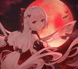 Rule 34 | 1girl, absurdres, ai dongdong, animal, backless dress, backless outfit, bare shoulders, bat (animal), black dress, black sleeves, breasts, cloud, cloudy sky, commentary request, detached sleeves, dress, floating hair, full moon, grey hair, hair between eyes, hair ornament, highres, honkai (series), honkai impact 3rd, long hair, long sleeves, looking at viewer, looking to the side, theresa apocalypse (luna kindred), medium breasts, moon, outdoors, parted lips, puffy long sleeves, puffy sleeves, red eyes, red sky, sky, solo, theresa apocalypse, theresa apocalypse (luna kindred), theresa apocalypse (lunar vow: crimson love), very long hair