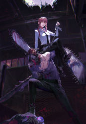Rule 34 | 1boy, 1girl, absurdres, arm support, barefoot, belt, belt buckle, black belt, black footwear, black necktie, black pants, blood, blood on chest, blood on clothes, braid, buckle, ceiling, chain, chainsaw, chainsaw man, collared shirt, commentary, dated, denji (chainsaw man), dog tags, highres, holding, holding chain, indoors, lips, long hair, long sleeves, looking at viewer, makima (chainsaw man), mask, necktie, pants, parted lips, red hair, shan yang, sharp teeth, shirt, shoes, sidelocks, signature, single braid, sitting, sitting on person, smile, teeth, tongue, tongue out, topless male, white shirt, window, yellow eyes