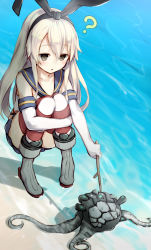 Rule 34 | 10s, 1girl, ?, absurdres, abyssal ship, bare shoulders, blonde hair, detached sleeves, elbow gloves, enemy naval mine (kancolle), from above, gloves, glowing, glowing eyes, grey eyes, hair between eyes, hairband, highleg, highleg panties, highres, jitome, kantai collection, katoroku, long hair, looking at another, midriff, miniskirt, open mouth, panties, pleated skirt, school uniform, serafuku, shimakaze (kancolle), shirt, skirt, skirt set, sleeveless, sleeveless shirt, spoken question mark, striped clothes, striped thighhighs, tentacles, thighhighs, thighs, triangle mouth, underwear, water, white gloves