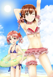 2girls absurdres arm_up beach bikini blue_bikini brown_eyes brown_hair cowboy_shot day female_pervert frilled_bikini frills highres horizon innertube looking_at_viewer misaka_mikoto multiple_girls one_eye_closed oooqqq outdoors pervert pink_hair shirai_kuroko short_hair side-tie_bikini_bottom standing swim_ring swimsuit toaru_kagaku_no_railgun toaru_majutsu_no_index