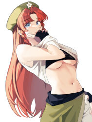 Rule 34 | 1girl, blue eyes, braid, breasts, fingerless gloves, gloves, green hat, hat, hat ornament, highres, hong meiling, medium breasts, midriff, navel, red hair, sarukana, shirt, simple background, solo, star (symbol), star hat ornament, touhou, twin braids, underboob, white background, white shirt