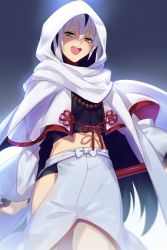Rule 34 | 1girl, bead necklace, beads, black hair, black shirt, blush, cape, cloak, commentary request, echo (circa), fate/grand order, fate (series), green eyes, hair between eyes, holding, holding weapon, hood, hood up, hooded cloak, japanese clothes, jewelry, long hair, looking at viewer, multicolored hair, nagao kagetora (fate), necklace, open mouth, polearm, prayer beads, shirt, smile, solo, teeth, two-tone hair, weapon, white cape, white cloak, white hair, white hood