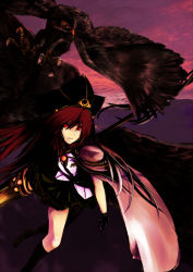 Rule 34 | 1girl, aiguillette, alternate costume, bad id, bad pixiv id, bird, cape, falcon, female focus, gloves, hat, long hair, red eyes, red hair, reiuji utsuho, sky, solo, touhou, virus (obsession), wings