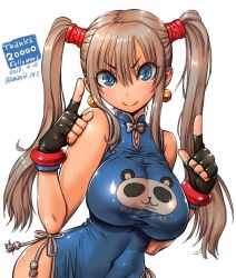 Rule 34 | 1girl, amania orz, blue eyes, breasts, brown hair, covered navel, earrings, fingerless gloves, gloves, jewelry, large breasts, looking at viewer, sleeveless, solo, twintails