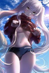 Rule 34 | 1girl, ahoge, alternate costume, alternate hairstyle, blush, breasts, buruma, clothes lift, cowboy shot, day, embarrassed, fate/grand order, fate (series), jacket, jacket lift, jeanne d&#039;arc (fate), jeanne d&#039;arc alter (avenger) (fate), jeanne d&#039;arc alter (fate), lifted by self, long hair, long sleeves, looking at viewer, medium breasts, navel, omizu (omz), panties, panty peek, panty slip, parted lips, silver hair, solo, stomach, sunlight, sweat, thigh gap, thighs, track jacket, twintails, twitter username, underboob, underwear, very long hair, white panties, yellow eyes