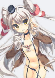 Rule 34 | 10s, 1girl, amatsukaze (kancolle), aoi sora-maru, black panties, breasts, choker, clenched teeth, dress, gloves, grey background, hair tubes, highres, kantai collection, long hair, looking at viewer, navel, open clothes, panties, sailor dress, short dress, side-tie panties, silver hair, simple background, single glove, small breasts, smile, solo, teeth, two side up, underwear, untied panties, very long hair, wardrobe malfunction, white gloves, yellow eyes