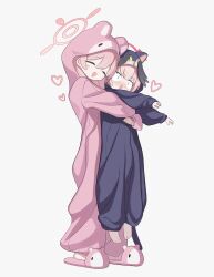 Rule 34 | 2girls, absurdres, age difference, animal costume, animal ears, animal slippers, atat250, blue archive, blush, carrying, carrying person, cat costume, cat tail, fake animal ears, fake tail, halo, hanako (blue archive), happy, heart, highres, hood, hood up, hug, hug from behind, koharu (blue archive), multiple girls, onee-loli, onesie, pajamas, pink hair, slippers, tail, white background, yuri