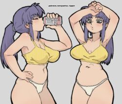 Rule 34 | 1girl, alcohol, arms up, beer, beer can, blush, breasts, brown eyes, cameltoe, can, cleft of venus, curvy, drink can, drinking, high ponytail, highres, holding, holding can, katsuragi misato, large breasts, lips, long hair, multiple views, navel, neon genesis evangelion, no bra, panties, pantsu-ripper, ponytail, purple hair, shiny skin, shirt, solo, thick thighs, thighs, thong, twitter username, underwear, wide hips, yellow shirt