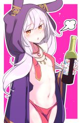Rule 34 | 1girl, :&lt;, azur lane, bottle, breast curtains, breasts, cloak, collarbone, commentary, grey hair, highres, holding, holding bottle, hood, hooded cloak, jewelry, kuyu730, laffey (azur lane), laffey (sleepageddon) (azur lane), long hair, looking at viewer, navel, necklace, official alternate costume, orange eyes, pelvic curtain, pink background, purple cloak, small breasts, solo, standing, stomach, triangle mouth