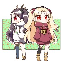 Rule 34 | 2girls, absurdres, alternate costume, backpack, bag, black bow, black hair, black legwear, blonde hair, boots, bow, casual, closed mouth, commentary request, drawstring, earrings, ereshkigal (fate), fate/grand order, fate (series), hair bow, hands in pockets, highres, hood, hoodie, infinity symbol, ishtar (fate), jako (jakoo21), jewelry, long hair, long sleeves, looking at viewer, looking away, multiple girls, profile, red bow, red eyes, red hoodie, sandals, single thighhigh, standing, thighhighs, tiara, tohsaka rin, two side up, very long hair, white hoodie