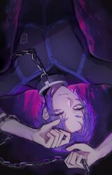 Rule 34 | 1boy, blue lock, chain, closed mouth, collar, commentary, highres, holding, holding chain, koumimi, long sleeves, lying, male focus, mikage reo, purple eyes, purple hair, purple theme, short hair, solo, sportswear, upper body