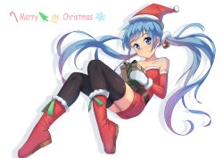 Rule 34 | 1girl, absurdres, bell, black thighhighs, blue eyes, blue hair, boots, dress, full body, gift, hair bell, hair ornament, hat, hatsune miku, highres, jingle bell, light smile, long hair, looking at viewer, matching hair/eyes, merry christmas, mittens, red footwear, santa costume, santa dress, santa hat, solo, thighhighs, twintails, very long hair, vocaloid, white background, yang (wuhan)