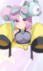 Rule 34 | 1girl, absurdres, aqua hair, bare shoulders, blush, breasts, character hair ornament, closed mouth, commentary request, creatures (company), criss-cross halter, cropped shirt, game freak, grey shirt, hair ornament, halterneck, highres, iono (pokemon), jacket, k12040707, looking at viewer, medium breasts, multicolored hair, nintendo, pink hair, pokemon, pokemon sv, purple eyes, shirt, sleeveless, sleeveless shirt, sleeves past fingers, sleeves past wrists, solo, star (symbol), two-tone hair, upper body, yellow jacket