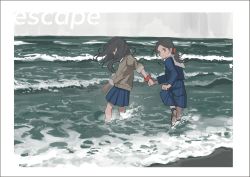 Rule 34 | 2girls, black border, blue legwear, blue serafuku, blue shirt, blue skirt, border, brown footwear, brown hair, brown sweater, buchi (qooo003), commentary request, day, english text, forehead, hair ornament, hair scrunchie, highres, holding hands, horizon, long hair, long sleeves, looking at viewer, looking to the side, multiple girls, ocean, original, outdoors, parted bangs, pleated skirt, red scrunchie, sailor collar, school uniform, scrunchie, serafuku, shirt, shoe soles, shoes, skirt, skirt hold, socks, standing, standing on one leg, sweater, wading, water, white sailor collar, wrist scrunchie