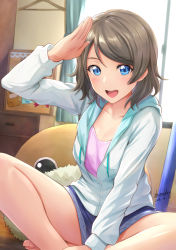 Rule 34 | 10s, 1girl, bedroom, blue eyes, grey hair, highres, hood, hood down, hooded jacket, hoodie, indian style, jacket, looking at viewer, love live!, love live! school idol festival, love live! sunshine!!, open clothes, open hoodie, open mouth, salute, shamakho, short hair, sitting, smile, solo, uchicchii, watanabe you, window