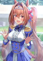 Rule 34 | 1girl, :d, absurdres, animal ears, blue bow, blue jacket, blue skirt, blurry, blurry background, blush, bow, breasts, brown hair, center frills, commentary request, daiwa scarlet (umamusume), day, depth of field, fang, frills, hair between eyes, hair intakes, hands up, highres, horse ears, horse girl, horse tail, jacket, juliet sleeves, long hair, long sleeves, looking at viewer, medium breasts, open mouth, outdoors, pleated skirt, puffy sleeves, red eyes, shaka (staito0515), shirt, skirt, smile, solo, tail, tiara, twintails, umamusume, very long hair, white shirt