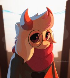 Rule 34 | 1boy, artist name, breath, brown eyes, cityscape, commentary, deltarune, english commentary, floppy ears, furry, furry male, glasses, green-framed eyewear, green sweater, heart, heart print, highres, horns, long sleeves, looking at viewer, male focus, orange horns, outdoors, power lines, ralsei, red scarf, round eyewear, scarf, simonsquared, solo, sweater, upper body, utility pole, white fur