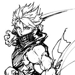 Rule 34 | 1boy, arm blade, bare shoulders, chipp zanuff, guilty gear, guilty gear strive, looking at viewer, male focus, monochrome, mori no yousei, ninja, shirt, simple background, sleeveless, sleeveless shirt, upper body, weapon