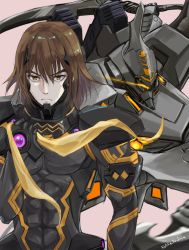 Rule 34 | abs, brown eyes, brown hair, covered navel, eyebrows hidden by hair, fortified suit, frown, glowing, highres, holding, holding ribbon, holding sword, holding weapon, jun (rellik &amp; redrum), male focus, mecha, muv-luv, muv-luv alternative, muv-luv unlimited: the day after, pilot suit, pink background, ribbon, robot, science fiction, shirogane takeru, solo focus, sword, tactical surface fighter, type 00 takemikazuchi, v-shaped eyebrows, visor, weapon, yellow ribbon