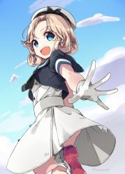 Rule 34 | 1girl, blonde hair, blue eyes, blue sailor collar, cloud, commentary, day, dress, from below, gloves, hat, highres, janus (kancolle), kantai collection, kurasaki cosmos, leg up, looking at viewer, open mouth, outdoors, sailor collar, short sleeves, sky, socks, solo, twitter username, white gloves, white hat, white socks