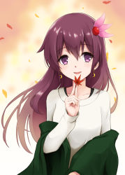 Rule 34 | 1girl, alternate costume, autumn leaves, blush, earrings, gradient background, hair between eyes, hair ornament, highres, jewelry, kantai collection, kisaragi (kancolle), kodama (user rnfr3534), leaf, long hair, long sleeves, looking at viewer, maple leaf, open mouth, purple eyes, purple hair, ribbon, smile, solo, sweater, white sweater