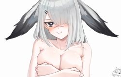 Rule 34 | 2girls, :t, animal ears, arknights, black eyes, breasts, collarbone, commentary, covering privates, covering breasts, english commentary, frostnova (arknights), grey hair, hair ornament, hair over one eye, hairclip, highres, large breasts, long hair, looking at viewer, multiple girls, nude, rabbit ears, radioneet, scar, scar on face, scar on nose, simple background, solo focus, talulah (arknights), upper body, white background
