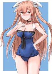 Rule 34 | 1girl, absurdres, blue one-piece swimsuit, blush, breasts, brown eyes, brown hair, cleavage, covered navel, highres, jewelry, johnston (kancolle), kamaboko senshi, kantai collection, light brown hair, long hair, looking at viewer, medium breasts, necklace, off shoulder, one-piece swimsuit, open mouth, school swimsuit, solo, swimsuit, two side up
