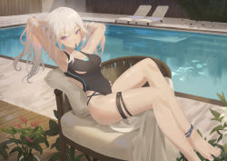 Rule 34 | 1girl, ak-12 (girls&#039; frontline), anklet, armpits, bare shoulders, barefoot, blunt bangs, breasts, chair, cirilla lin, cleavage, cushion, flower, girls&#039; frontline, hair tie in mouth, highleg, highres, jewelry, large breasts, long hair, mouth hold, one-piece swimsuit, pale skin, plant, pool, purple eyes, scenery, silver hair, sitting, swimsuit, thigh strap, thighs, toes, water