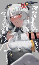 Rule 34 | 1girl, :&lt;, anger vein, bar censor, black gloves, blush, breasts, censored, collagen, cum, cum in clothes, ejaculation, erection, gloves, grey background, grey hair, hair ornament, highres, karenina: scire (punishing: gray raven), karenina (punishing: gray raven), looking away, penis, penis under another&#039;s clothes, punishing: gray raven, simple background, small breasts, socks, sweat, twintails, white socks, yellow eyes
