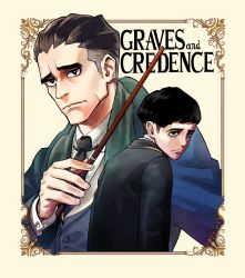 Rule 34 | 2boys, black eyes, black hair, black necktie, border, bowl cut, bright pupils, character name, coat, credence barebone, fantastic beasts and where to find them, harry potter (series), highres, looking at viewer, male focus, multiple boys, necktie, no pupils, percival graves, projected inset, shibata yuusaku, simple background, tan background, traditional media, undercut, wizarding world