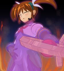 Rule 34 | 1girl, black gloves, blush, breasts, brown hair, cameltoe, closed eyes, covered navel, darken (darken13), fire, from below, gloves, hair ornament, hair ribbon, looking at viewer, looking down, lyrical nanoha, magical girl, mahou shoujo lyrical nanoha, mahou shoujo lyrical nanoha a&#039;s, numbers&#039; uniform, open mouth, pregnant, ribbon, shiny clothes, shiny skin, short hair, short twintails, skin tight, small breasts, solo, standing, takamachi nanoha, twintails
