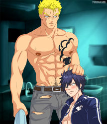 Rule 34 | 2boys, abs, bara, blush, fairy tail, gray fullbuster, hand on head, laxus dreyar, male focus, multiple boys, muscular, pectorals, scar, topless male, size difference, torn clothes, undressing, yaoi