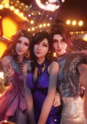 Rule 34 | 3d, 3girls, aerith gainsborough, arm around waist, asymmetrical bangs, black hair, blue dress, bracelet, breasts, brown eyes, brown hair, choker, dress, earrings, final fantasy, final fantasy vii, final fantasy vii remake, fur trim, green eyes, hair ribbon, hand on another&#039;s shoulder, highres, honey bee inn, jessie rasberry, jewelry, large breasts, multiple girls, nail polish, necklace, parted bangs, parted lips, pink dress, ponytail, red eyes, ria-neearts, ribbon, sidelocks, silver dress, smile, square enix, swept bangs, tifa lockhart, upper body, v, wall market