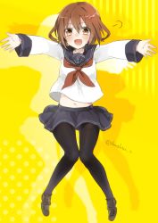 Rule 34 | 10s, 1girl, :d, anchor, bad id, bad twitter id, black pantyhose, brown eyes, brown hair, fang, hair ornament, hairclip, ikazuchi (kancolle), incoming hug, kantai collection, knees together feet apart, loafers, midriff, navel, open mouth, outstretched arms, outstretched hand, pantyhose, polka dot, polka dot background, school uniform, serafuku, shoes, short hair, sino (sionori), skirt, smile, solo, spread arms, striped, striped background, twitter username, vertical stripes, yellow background